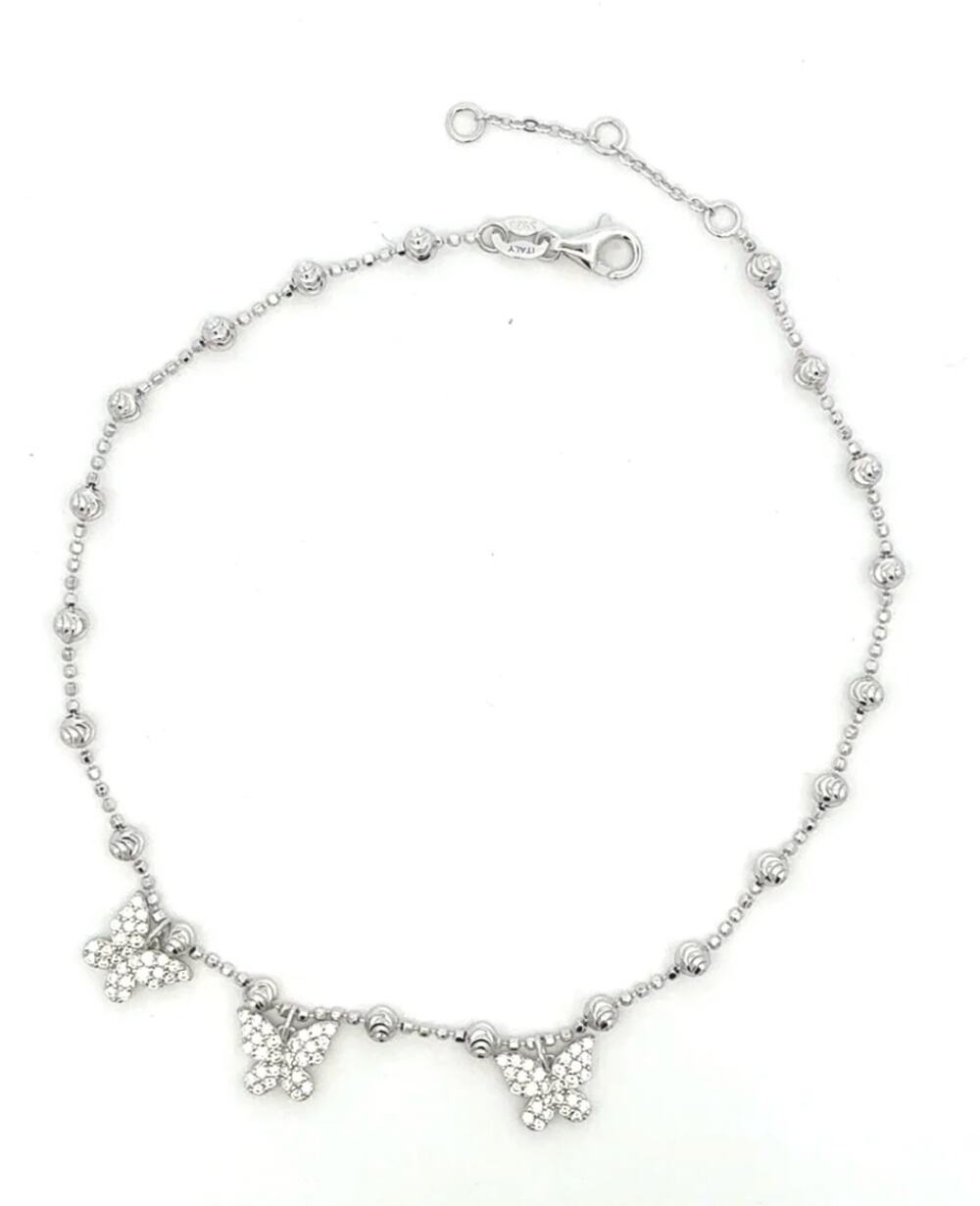 925 Sterling Silver Butterfly Anklet with Cubic Zirconia, Beaded Adjustable
